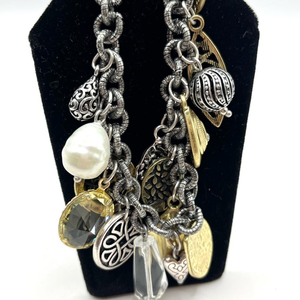 Charm  Bracelet. Big Charms  Pearl, Crystal, Coins Mixed Metals Silver and Gold